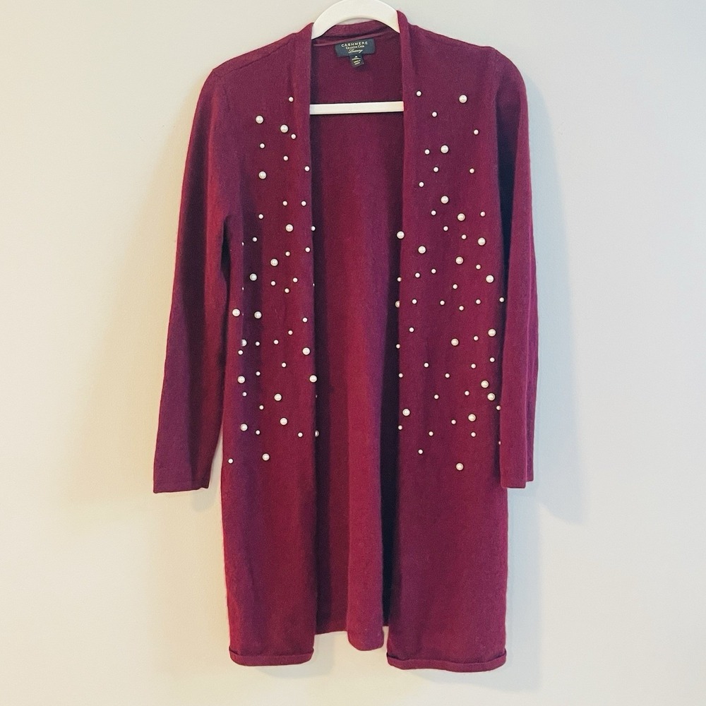 Charter Club Luxury 100% Cashmere Burgundy Open Front Cardigan Pearl Accent Sz M